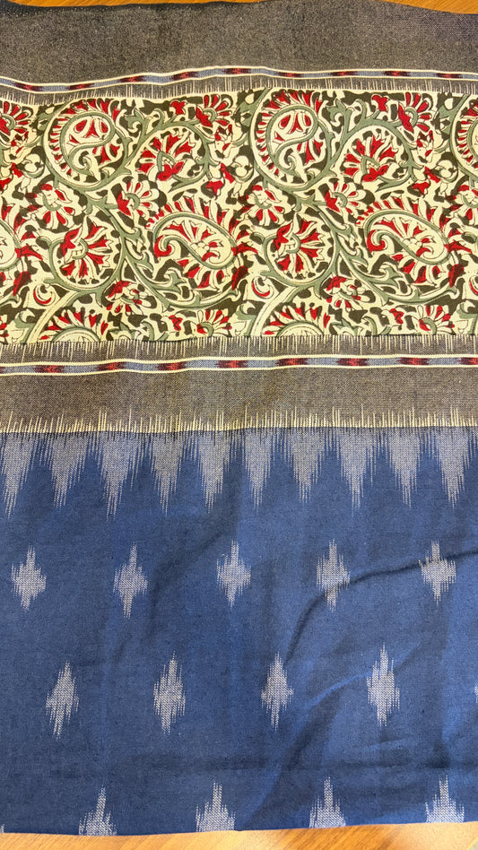 Printed Ikkat cotton with kalamkari border(Blue)