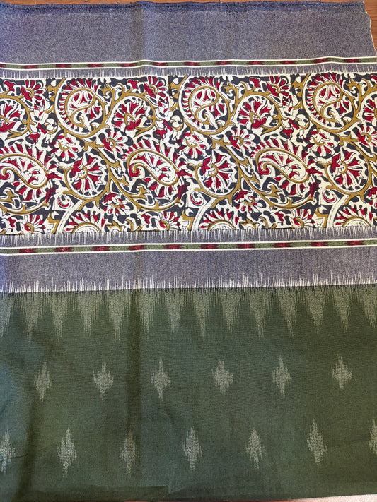Printed Ikkat cotton with kalamkari border(Olive green)