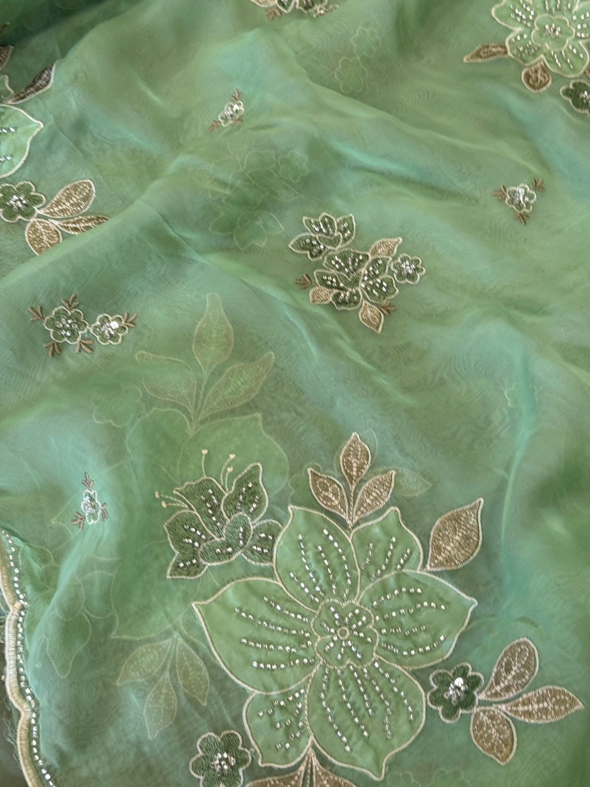 Pure Viscose Organza with applique work Green