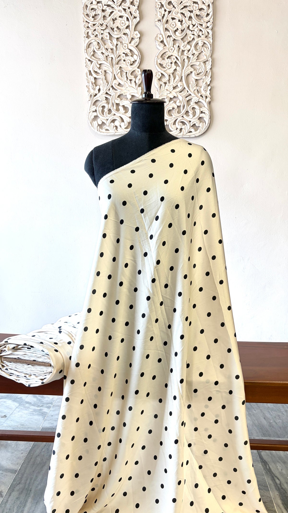 Printed black polka on satin