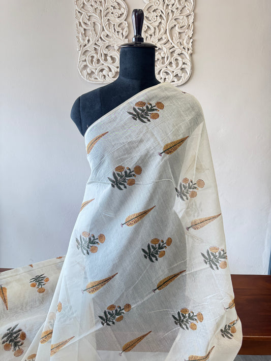 Handblock on pure Banarasi Mulchanderi