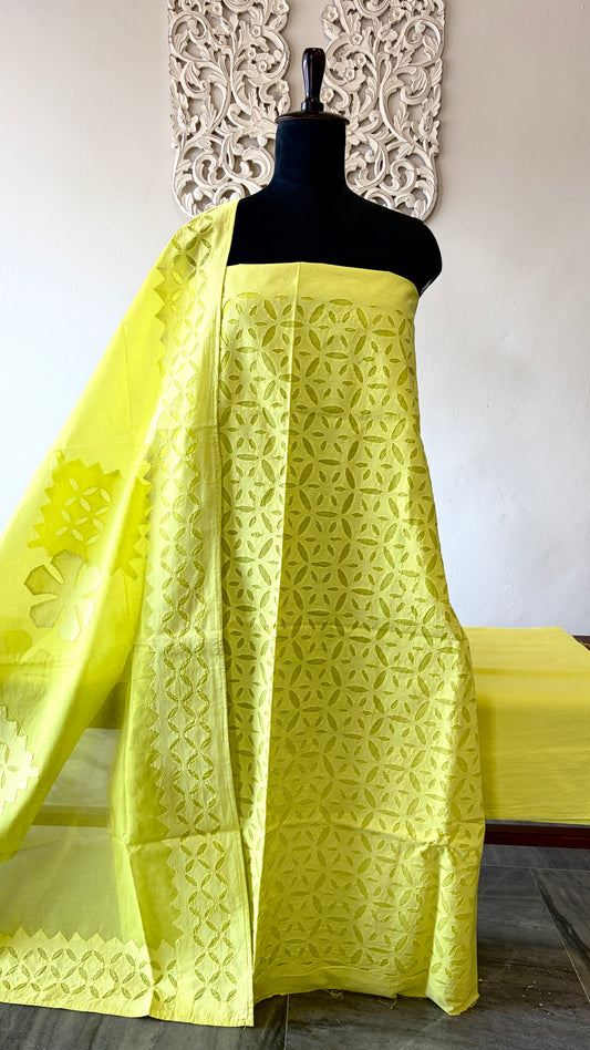 Cotton Applique suit set Greenish yellow