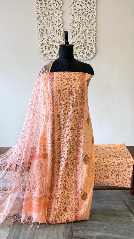 Unstiched Schiffli cotton suit with kota dupatta