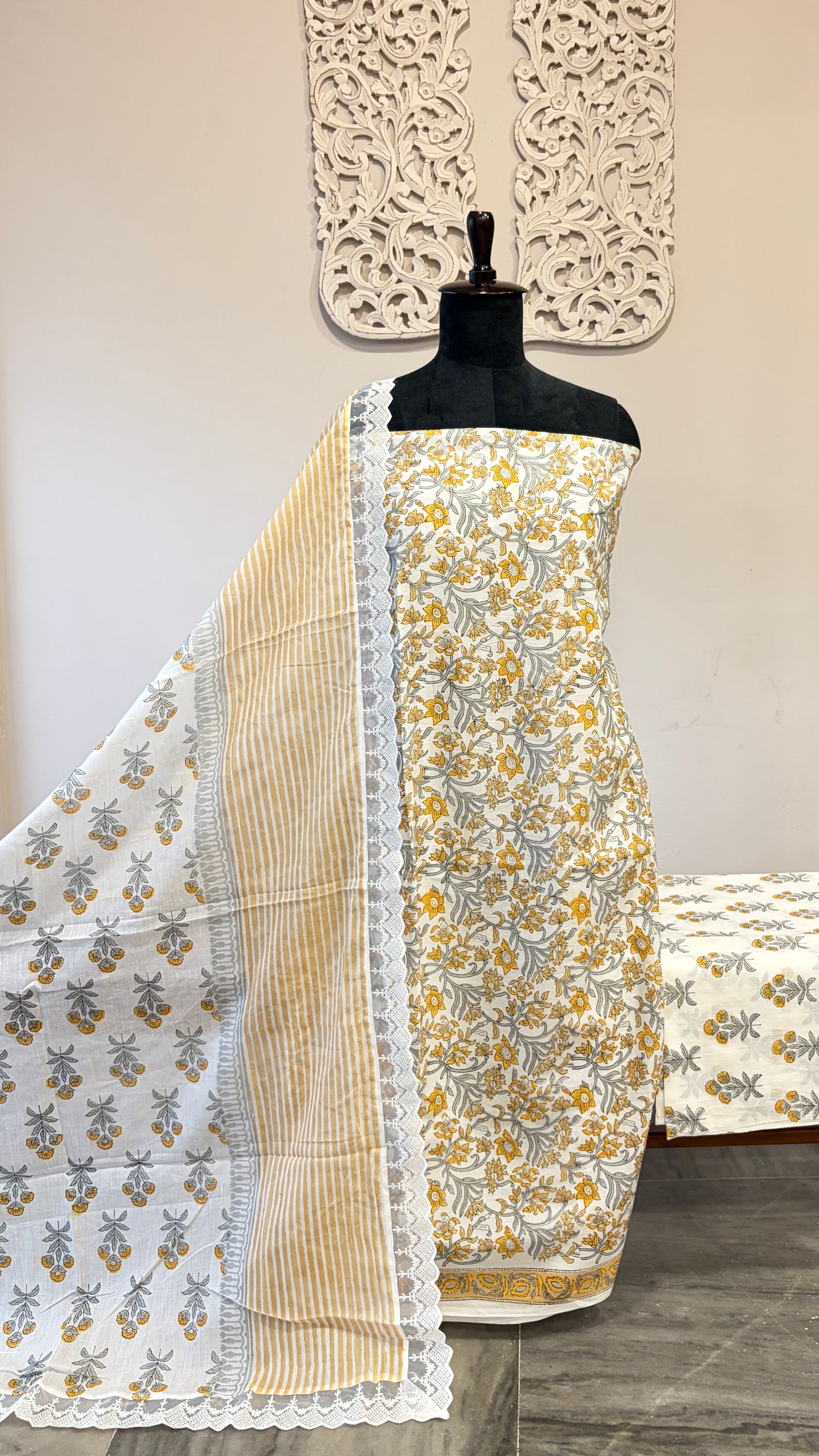 Unstiched cotton suit with mulcotton dupatta yellow