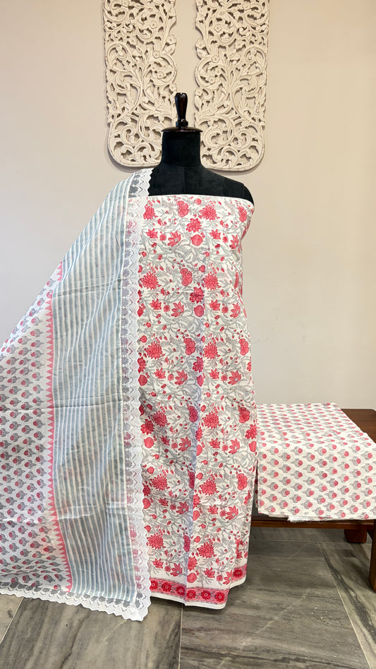 Unstiched cotton suit with mulcotton dupatta Pink