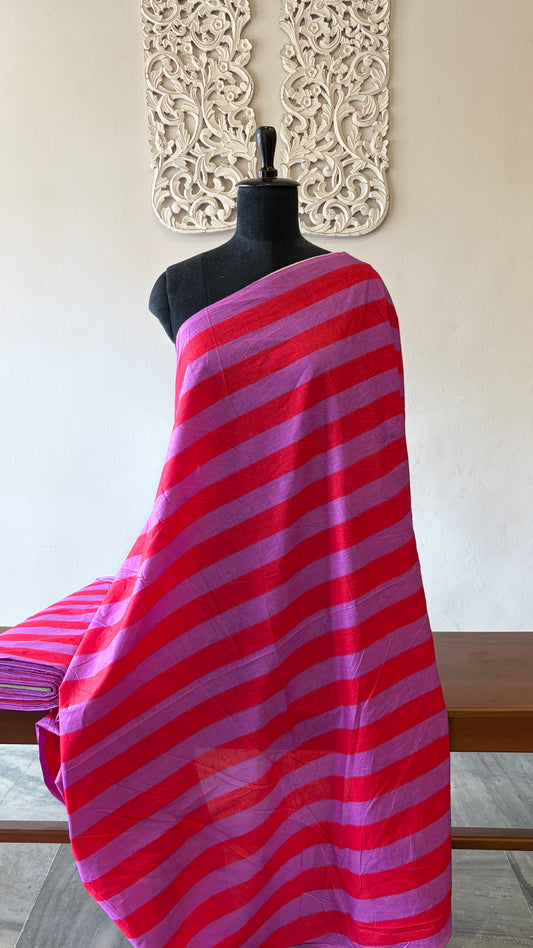 Screen printed cotton red and purple stripe