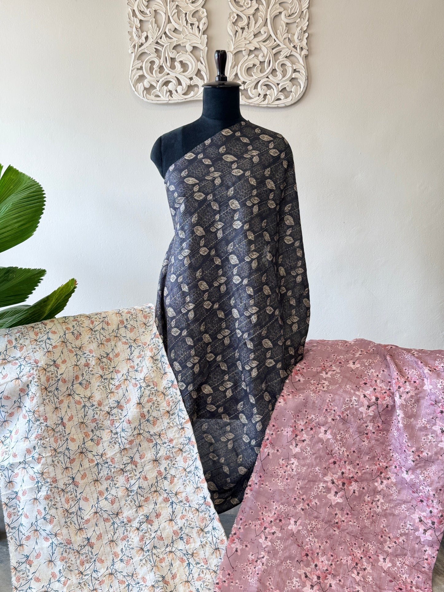 Printed Semi linen with kantha stich