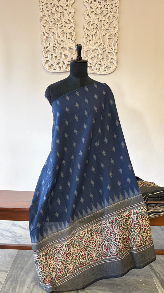 Printed Ikkat cotton with kalamkari border(Blue)