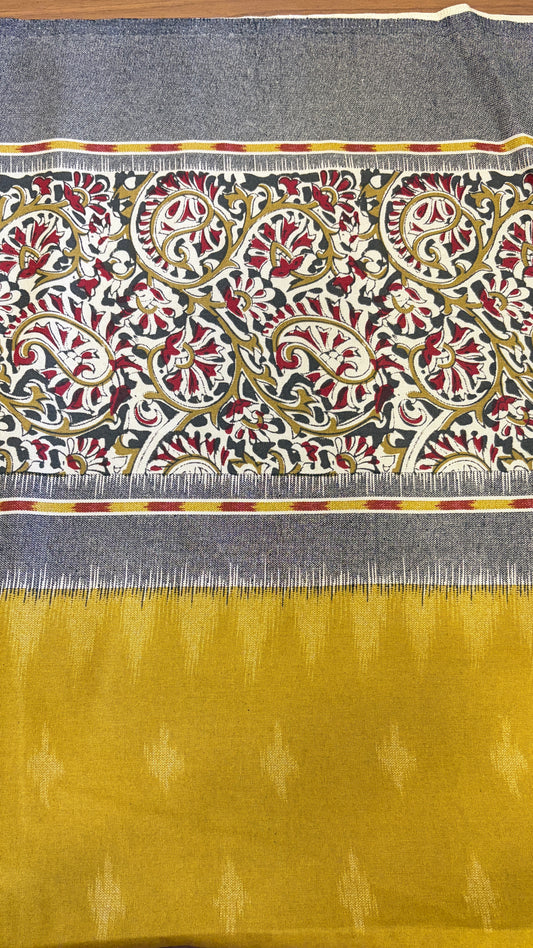 Printed Ikkat cotton with kalamkari border(Yellow)