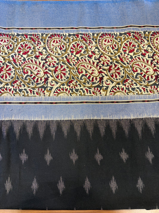Printed Ikkat cotton with kalamkari border(Black)