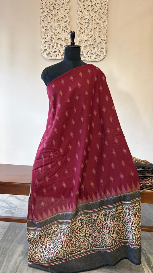 Printed Ikkat cotton with kalamkari border(Maroon)