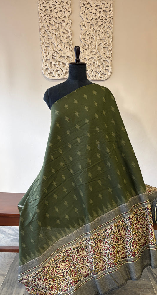Printed Ikkat cotton with kalamkari border(Olive green)