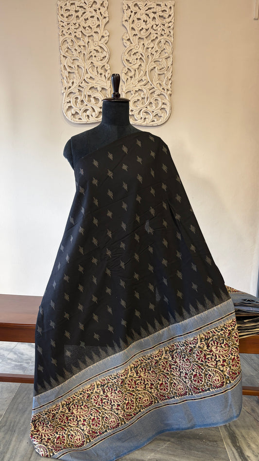 Printed Ikkat cotton with kalamkari border(Black)