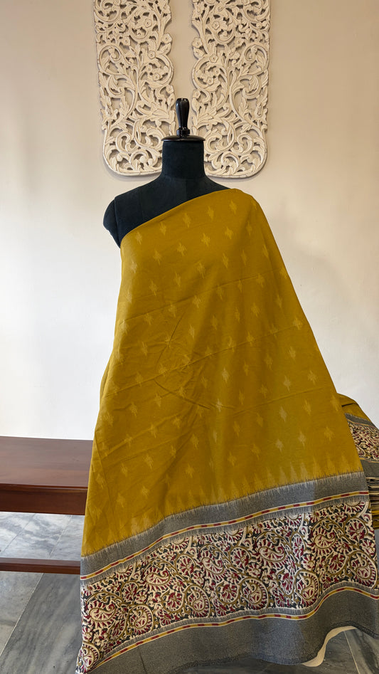 Printed Ikkat cotton with kalamkari border(Yellow)