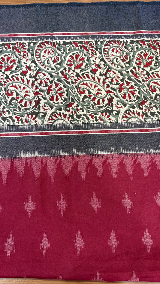 Printed Ikkat cotton with kalamkari border(Maroon)