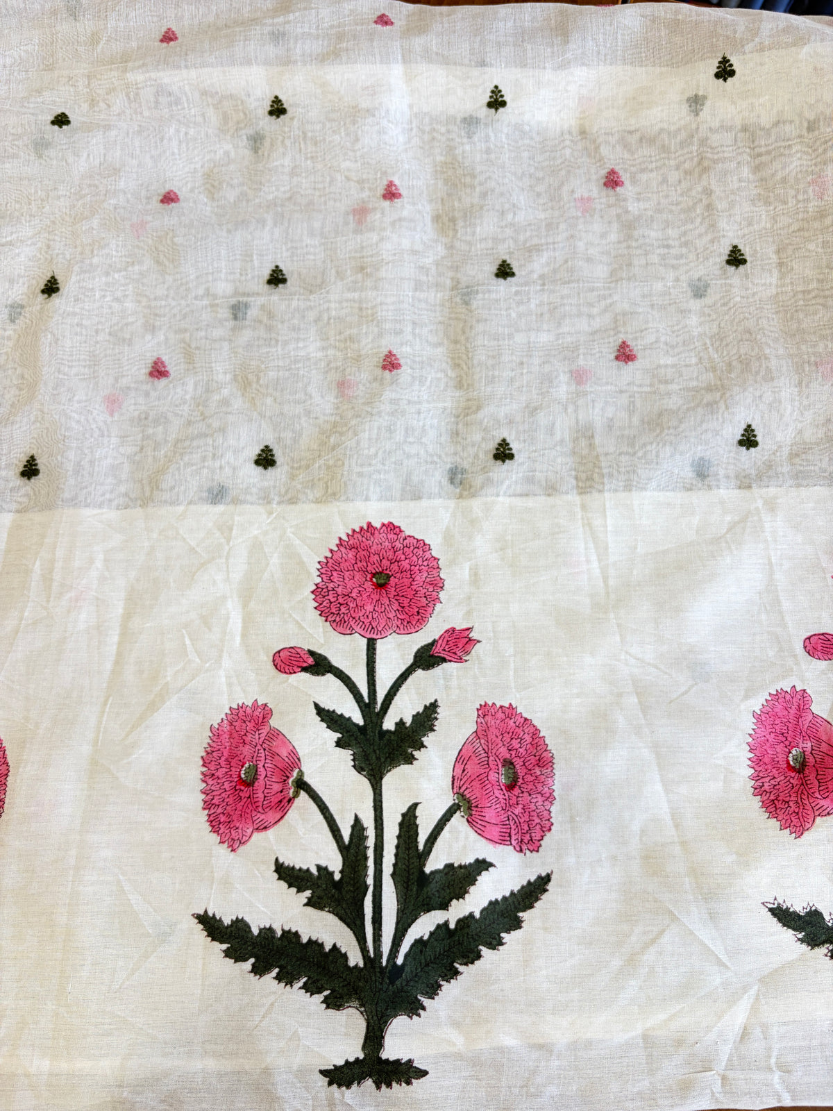 Pure Banarasi mulchanderi with handblock pink