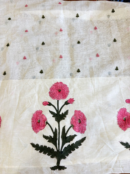 Pure Banarasi mulchanderi with handblock pink