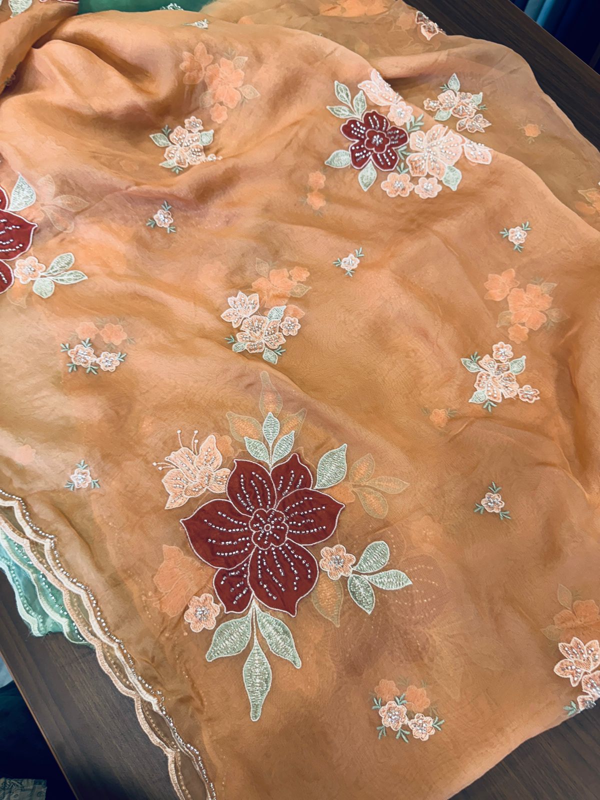 Pure Viscose Organza with applique work Orange